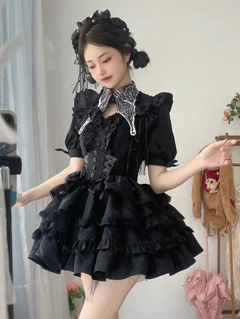 ゴシックロリータ衣装 ブラック レースアップ フリル ジャカード 半袖 トップ スカート セット