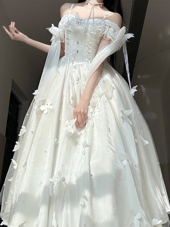 ホワイト 姫ウェディング スイートロリータ ノースリーブ パール ホワイト ロリータ ドレス デイリーカジュアルドレス