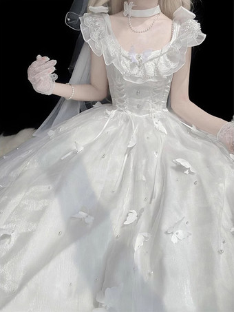 姫ウェディング スイートロリータ ノースリーブ パール ホワイト ロリータ ドレス デイリーカジュアルドレス