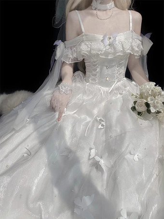 姫ウェディング スイートロリータ ノースリーブ パール ホワイト ロリータ ドレス デイリーカジュアルドレス