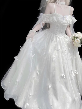 姫ウェディング スイートロリータ ノースリーブ パール ホワイト ロリータ ドレス デイリーカジュアルドレス