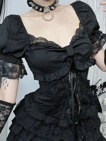 ゴシックロリータブラウス ブラック 半袖 フリル レースロリータトップス レースロリータシャツ