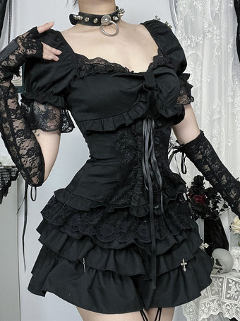 ゴシックロリータブラウス ブラック 半袖 フリル レースロリータトップス レースロリータシャツ