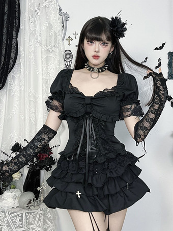 ゴシックロリータブラウス ブラック 半袖 フリル レースロリータトップス レースロリータシャツ