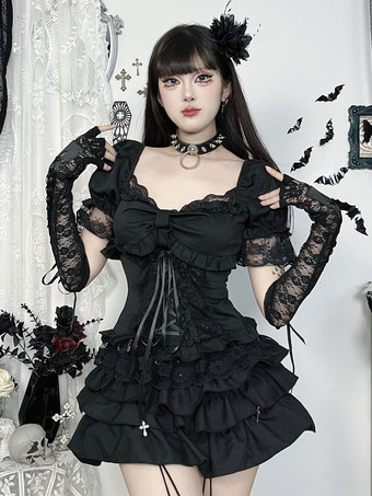 ゴシックロリータブラウス ブラック 半袖 フリル レースロリータトップス レースロリータシャツ