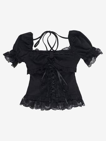 ゴシックロリータブラウス ブラック 半袖 フリル レースロリータトップス レースロリータシャツ