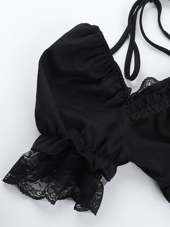 ゴシックロリータブラウス ブラック 半袖 フリル レースロリータトップス レースロリータシャツ