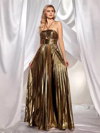 Pleated Maxi Party Dress High Slit Evening Gown 2026 - Milanoo.com