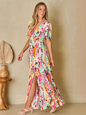 Vネックとサイドスリットのプリントロングドレス 2025