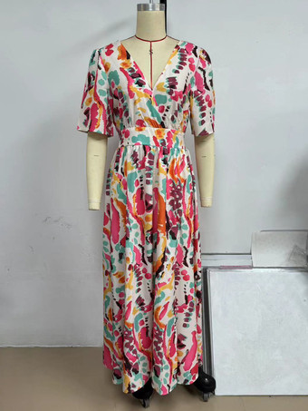 Vネックとサイドスリットのプリントロングドレス 2025