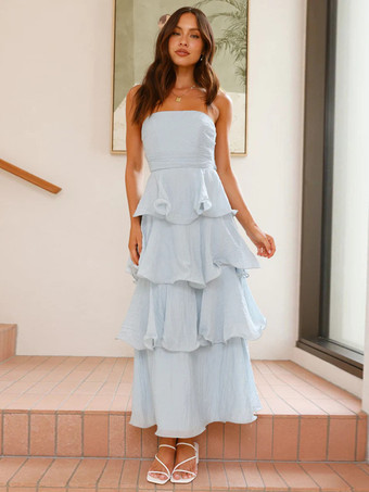 ライトスカイブルーバターイエローのストラップレス レイヤード ラッフル シャーリング ロングドレス（2025年夏）