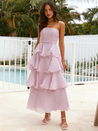 パープル バターイエローのストラップレス レイヤード ラッフル シャーリング ロングドレス（2025年夏）