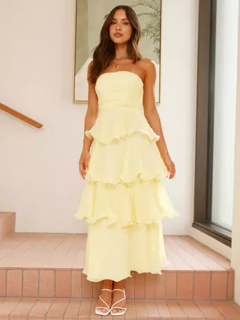 chinese dress ladies Yellow A-Line Layered Slit Prom Dress with Ruffle Off Shoulder –  FancyVestido main image 1