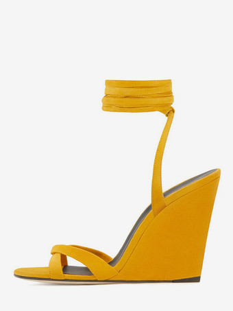 ゴールドスエードウェッジサンダル オープントゥ レースアップサンダル ウェッジ レディース