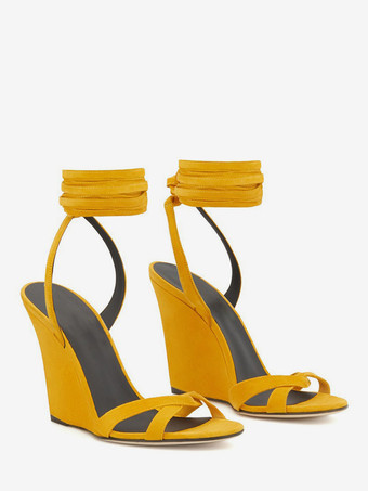 スエードウェッジサンダル オープントゥ レースアップサンダル ウェッジ レディース