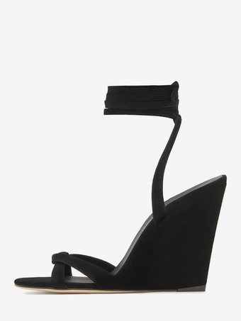 ブラック スエードウェッジサンダル オープントゥ レースアップサンダル ウェッジ レディース