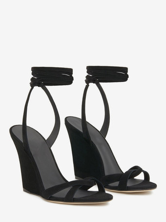 スエードウェッジサンダル オープントゥ レースアップサンダル ウェッジ レディース