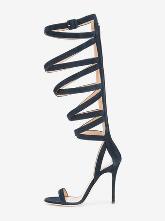 ディープブルースエードグラディエーターサンダル オープントゥ ストラップ ハイヒールサンダル レディース