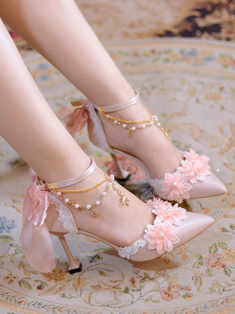 ウェディング姫スイートロリータ靴 ピンクのリボンとレースの花のスティレットヒールのロリータシューズ