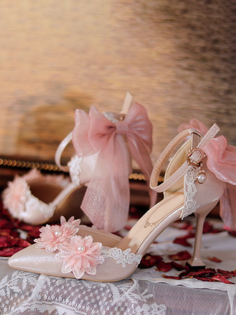 ウェディング姫スイートロリータ靴 ピンクのリボンとレースの花のスティレットヒールのロリータシューズ