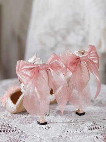 ウェディング姫スイートロリータ靴 ピンクのリボンとレースの花のスティレットヒールのロリータシューズ