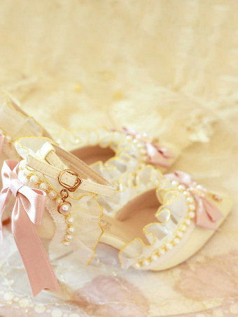 ウェディング姫スイートロリータフットウェアエクリュホワイトリボンチェーンカラーブロックスティレットヒールロリータパンプス