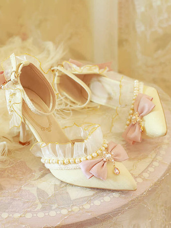 ウェディング姫スイートロリータフットウェアエクリュホワイトリボンチェーンカラーブロックスティレットヒールロリータパンプス