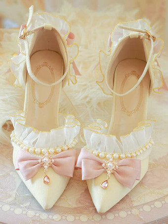 ウェディング姫スイートロリータフットウェアエクリュホワイトリボンチェーンカラーブロックスティレットヒールロリータパンプス