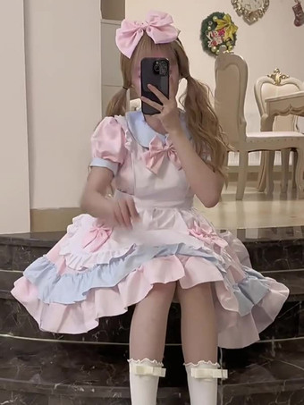 スイートロリータドレス ポリエステル 半袖 フリル ピンク ロリータドレス
