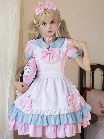スイートロリータドレス ポリエステル 半袖 フリル ピンク ロリータドレス