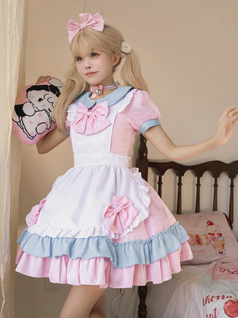 スイートロリータドレス ポリエステル 半袖 フリル ピンク ロリータドレス
