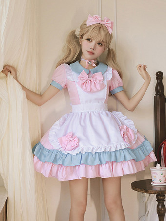 ピンクスイートロリータドレス ポリエステル 半袖 フリル ピンク ロリータドレス
