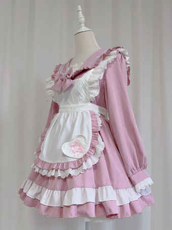 スイートロリータポリエステル長袖リボンスイートエプロンピンクロリータドレス