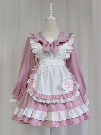スイートロリータポリエステル長袖リボンスイートエプロンピンクロリータドレス