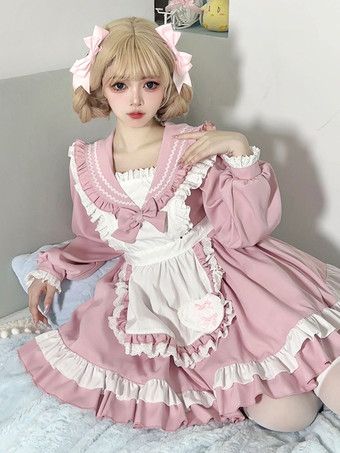 スイートロリータポリエステル長袖リボンスイートエプロンピンクロリータドレス