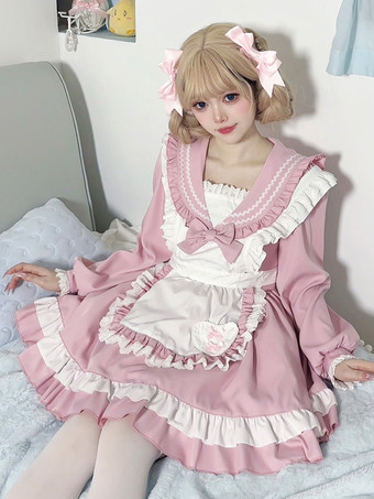 スイートロリータポリエステル長袖リボンスイートエプロンピンクロリータドレス