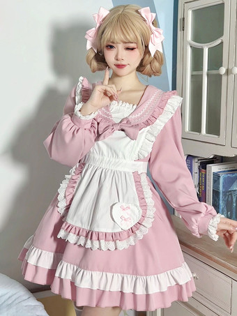 スイートロリータポリエステル長袖リボンスイートエプロンピンクロリータドレス