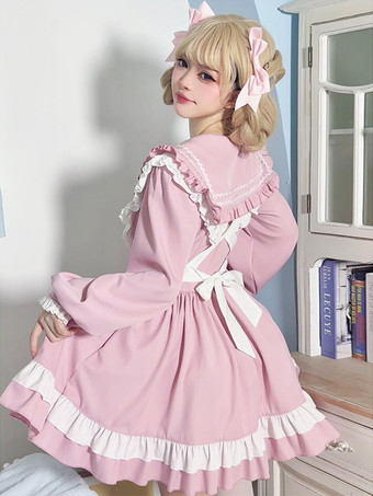 スイートロリータポリエステル長袖リボンスイートエプロンピンクロリータドレス