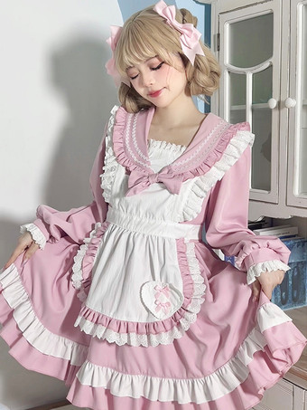 ピンクスイートロリータポリエステル長袖リボンスイートエプロンピンクロリータドレス