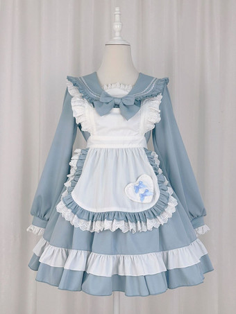 スイートロリータポリエステル長袖リボンスイートエプロンピンクロリータドレス