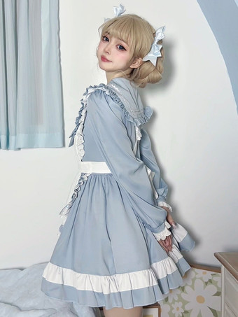 スイートロリータポリエステル長袖リボンスイートエプロンピンクロリータドレス