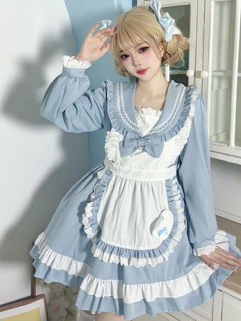 スイートロリータポリエステル長袖リボンスイートエプロンピンクロリータドレス