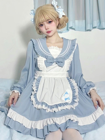 ライトスカイブルースイートロリータポリエステル長袖リボンスイートエプロンピンクロリータドレス