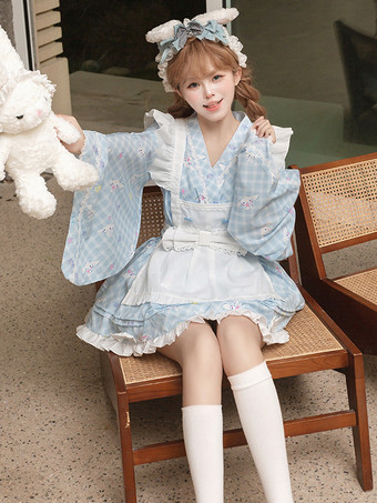 和風ロリータ フリル チェック柄 着物 長袖 ライトスカイブルー ドレス