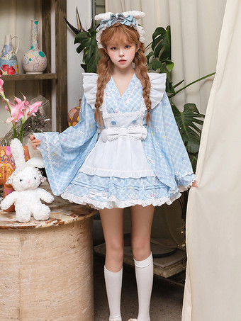 和風ロリータ フリル チェック柄 着物 長袖 ライトスカイブルー ドレス