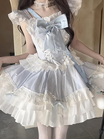 スウィート姫ロリータドレス ポリエステル 半袖 レースアップドレス スカイブルー ロリータドレス