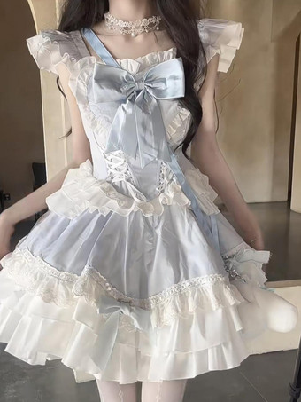 スウィート姫ロリータドレス ポリエステル 半袖 レースアップドレス スカイブルー ロリータドレス
