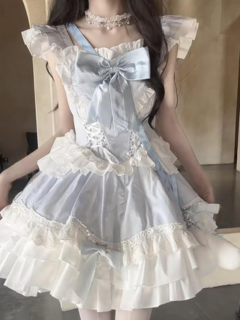スウィート姫ロリータドレス ポリエステル 半袖 レースアップドレス スカイブルー ロリータドレス