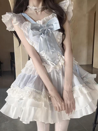 スウィート姫ロリータドレス ポリエステル 半袖 レースアップドレス スカイブルー ロリータドレス