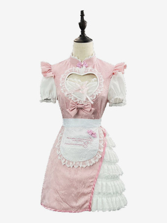 スイートロリータドレス ジャカード 半袖 レース ピンク ロリータドレス